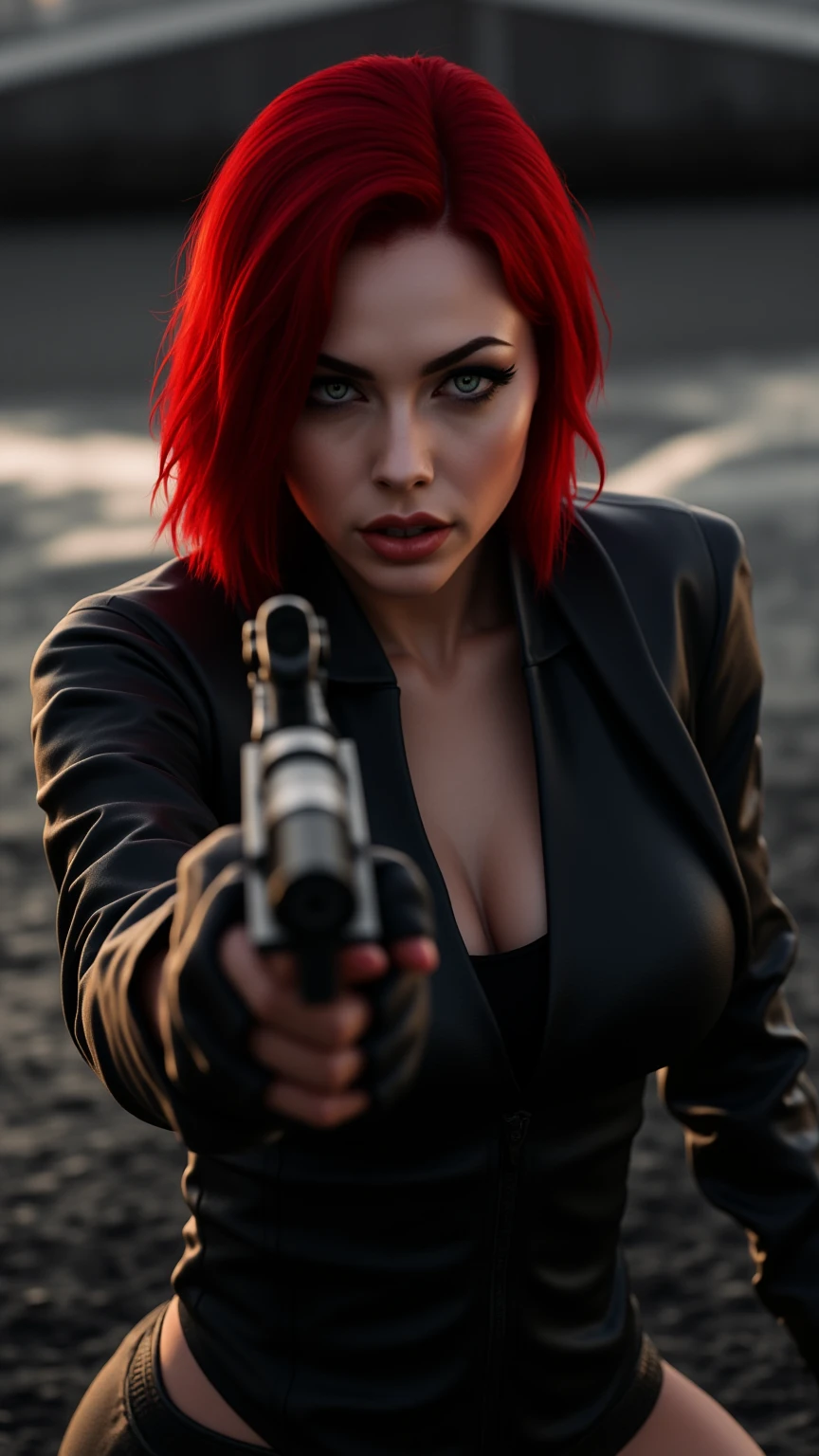 a female killer, killer, 1 girl with crimson red hair, beautiful detailed almost transparent white gray eyes, beautiful detailed lips, Extremely detailed eyes and face, light skin., long eyelashes, killer outfit, killer gear, killer pose, killer action, Dark and melancholic atmosphere, dramatic lighting, cinematic, Dark fantasy, Very detailed, intricate, digital art, Conceptual art, hyperrealistic, 8K, ultra detailed, masterpiece, Photorealistic, professional, dramatic colors, chiaroscuro lighting aiming a glock a glock on a landing strip 