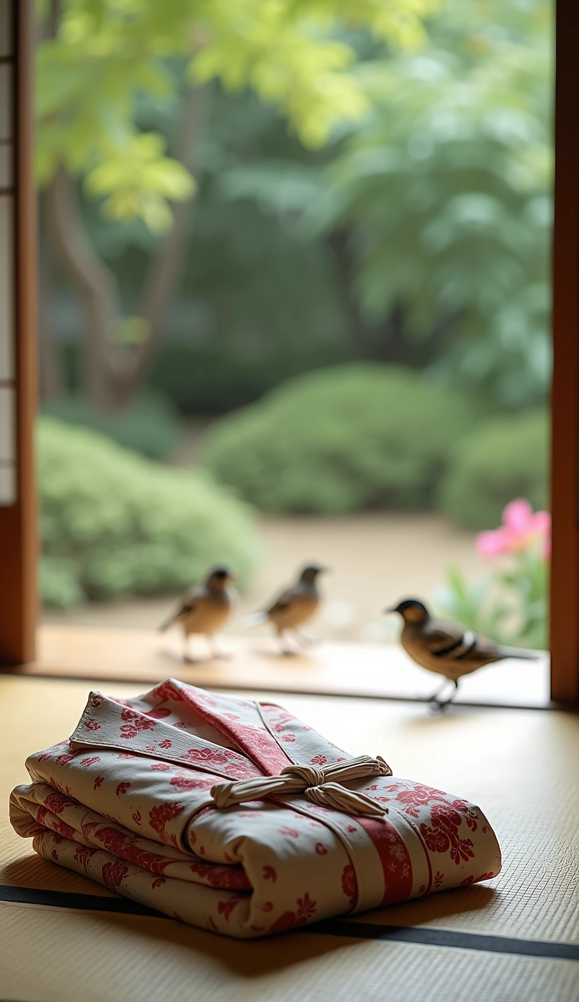  (A neatly folded Japanese yukata is placed in a Japanese-style room with tatami mats, It's a light Japanese pattern yukata, A kimono belt for a folded yukata is placed on top, Veranda), (Wide angle macro shot , side focus, from grand), ( Exterior view seen from the liberated shoji,  A few sparrows are playing in the garden ,  Kawai starts moving forward in time when it stopped ),  creates a refreshing melancholy ,  Where did he leave... 　