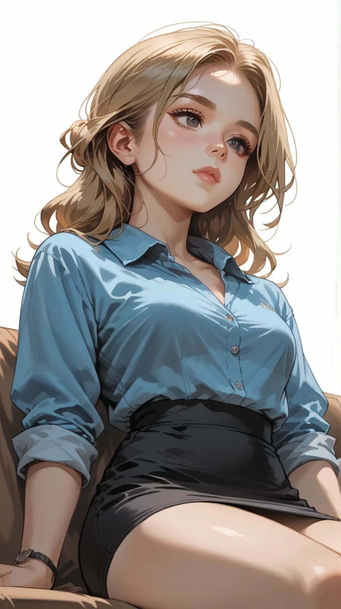 score_9, score_8_below, score_7_below, Cartoon of a girl , Alone, Sensual, rascal,  brown-eyed ,  long blond hair , blonde straight hair, open blue shirt, black bra, Black Pencil Skirt, purple, medium breast, thin, thighs grossas, Closed lips, thighs,  sitting on a sofa, ( white background)
