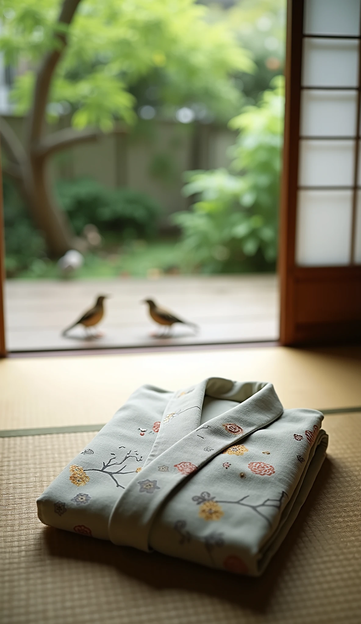  (A neatly folded Japanese yukata is placed in a Japanese-style room with tatami mats, It's a light Japanese pattern yukata, A kimono belt for a folded yukata is placed on top, Veranda), (Wide angle macro shot , side focus, from grand), ( Exterior view seen from the liberated shoji,  A few sparrows are playing in the garden ,  Kawai starts moving forward in time when it stopped ),  creates a refreshing melancholy ,  Where did he leave... 　