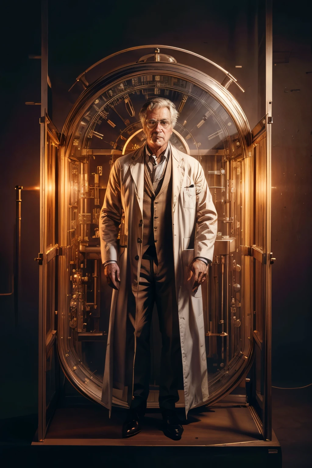 ((best quality)), ((masterpiece)), (detailed), perfect face,a scientist working on a time machine, detailed portrait of a scientist in a lab, wearing a white lab coat, holding futuristic time machine device, intricate gears and displays, complex scientific equipment, dramatic lighting, cinematic composition, photorealistic, 8k, award winning digital art