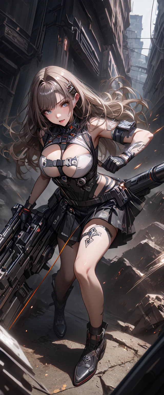 (cyber punk girl), (nikke), (top quality:1.2, masterpiece:1.4, EXQUISITE RENDERING:1.3),  ((Fighting Pose:1.5)), ((full body photo:1.7))、(((Secret Weapon Girl:1.5)), ((A girl carrying a weapon that looks like a feather on her back:1.5)), (Clear eyes,  glossy lips, pretty face), ((ARMS CONVERTED TO LASER CANNON:1.4)), (WITH LASER CANNON:1.4), (((long dress:1.8))), (White dress:1.5), (EXQUISITE PAINTED DRESS),  (high sensitive weapon:1.3), MECHANIZED ANIMATION MACHINE GUN FIRE,  A warring sniper girl, Soldier Girl,  FEMALE ACTION ANIMATION ANIMATION GIRL, Neon City,  POST APOCALYPSE ART,  androgynous,  mixed media,  blue legwear, Analog Horror, Nightmare Fuel,  seductively beautiful,  Beautiful and Evil, (cleavage), (between breasts),Image showing the whole body, ((black background:1.6)),(crouch),