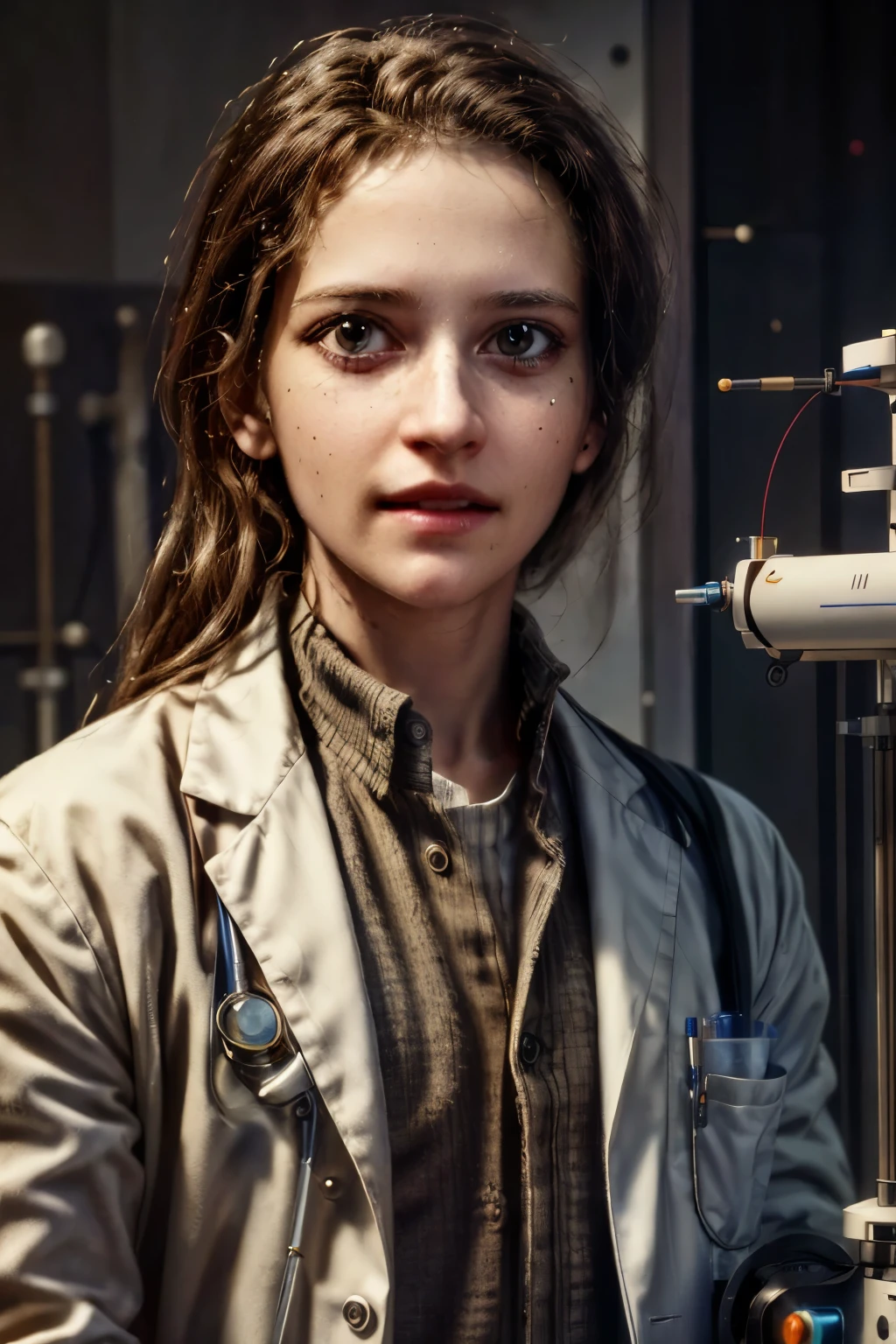 ((best quality)), ((masterpiece)), (detailed), perfect face,a scientist working on a time machine, detailed portrait of a scientist in a lab, wearing a white lab coat, holding futuristic time machine device, intricate gears and displays, complex scientific equipment, dramatic lighting, cinematic composition, photorealistic, 8k, award winning digital art