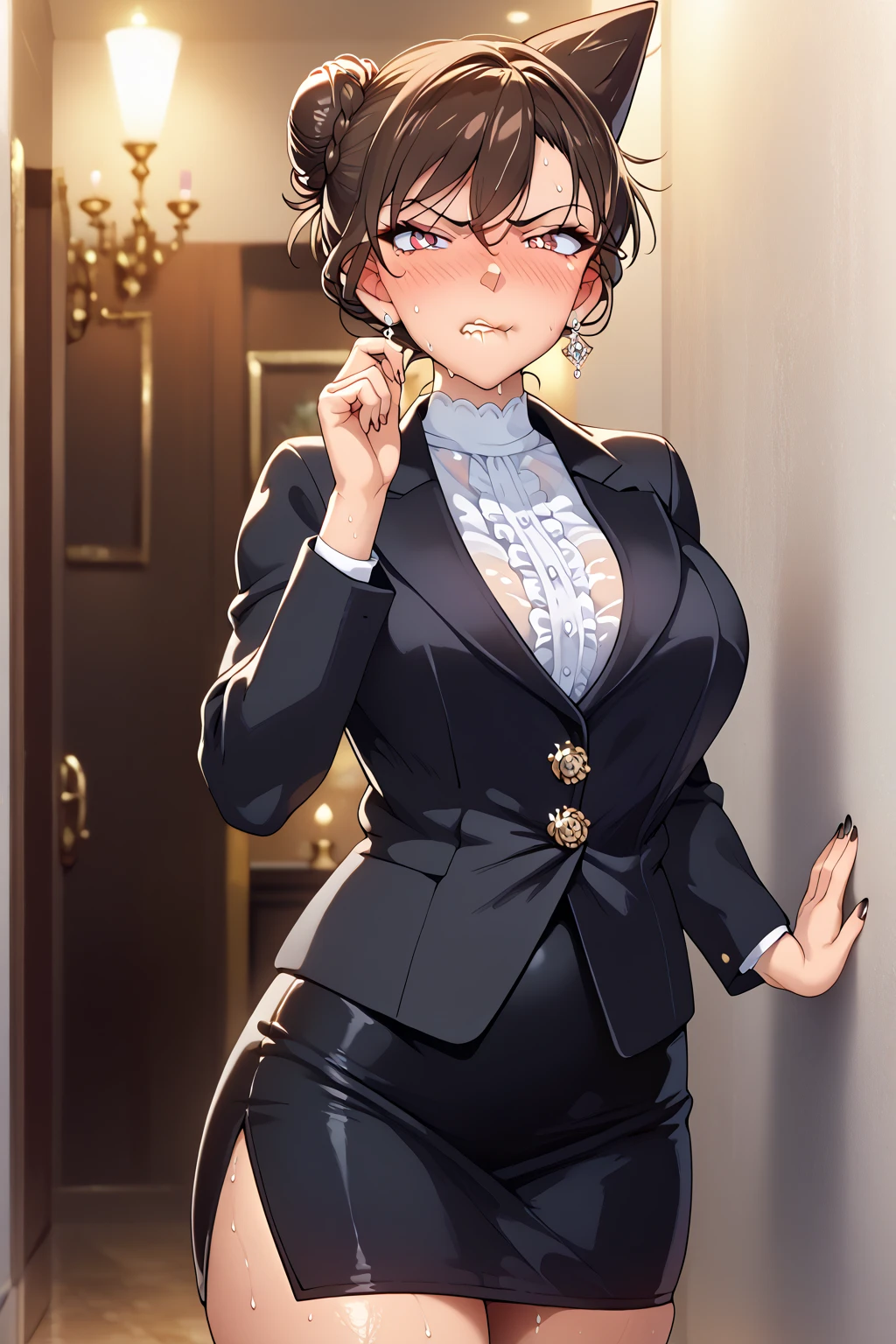 score_9,score_8_up, oily skin,adult beautiful female,brown hair,large breasts,blush,,bite own lip,disgusted face,wide-opened eyes,elegant bedroom,leaning on wall,sweaty,single bun hair,formal fashion,black pencil skirt,black jacket,curvy,red eyes,look at viewer,