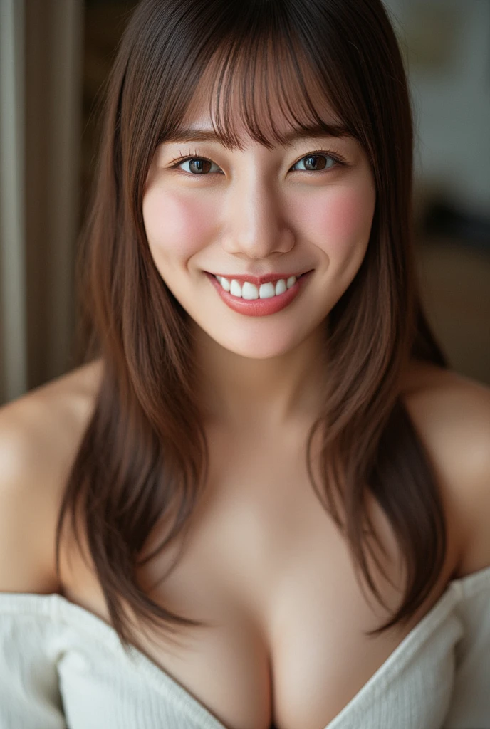 (((top-down configuration:1.4))), (best quality:1.4), (ultra highres:1.2), (photorealistic:1.4), (16k, RAW photo:1.2), (portrait shot:1.3), professional lighting, Japanese goddess, gravure, detailed face and skin texture, detailed eyes, looking at camera, nsfw, beautiful eyes, detailed eyes, beautiful face, detailed face, ((smile:1.5)), (highest quality), glowing skin, (smooth lighting:1.2), (cinema lighting:1.2), (brown hair), (long hair), ((off shoulder:1.2)), (bare shoulder:1.2), ((emphasize cleavage:1.4)), (leaning forward), from slightly above