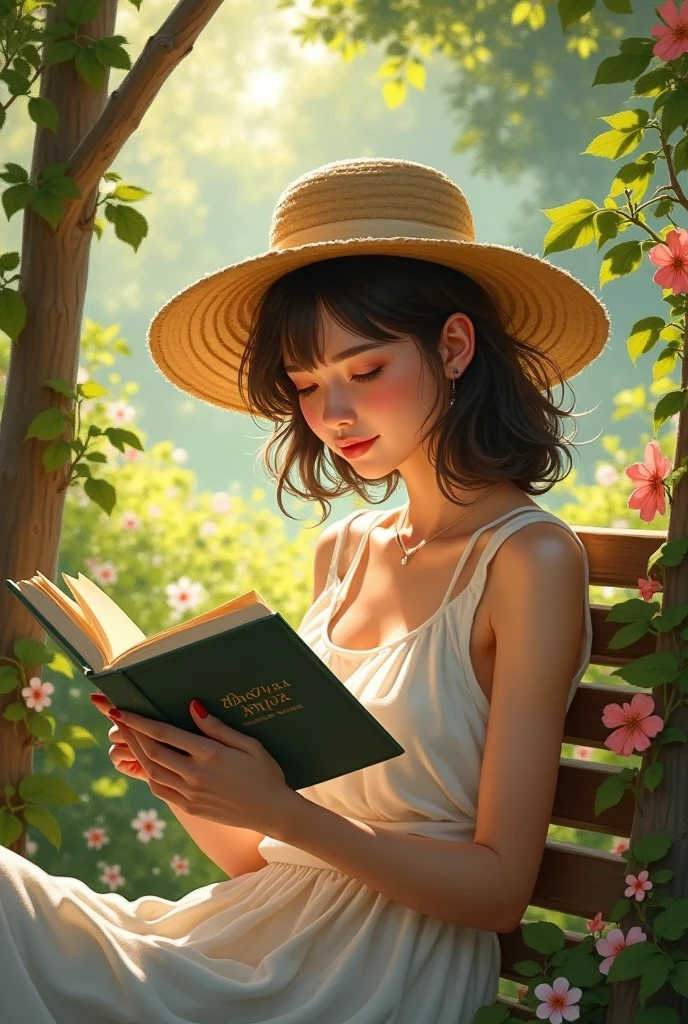 an illustration of a girl in the park reading a book in the concentrated bank, alto detalhes, Ultra resolution. --auto --s2