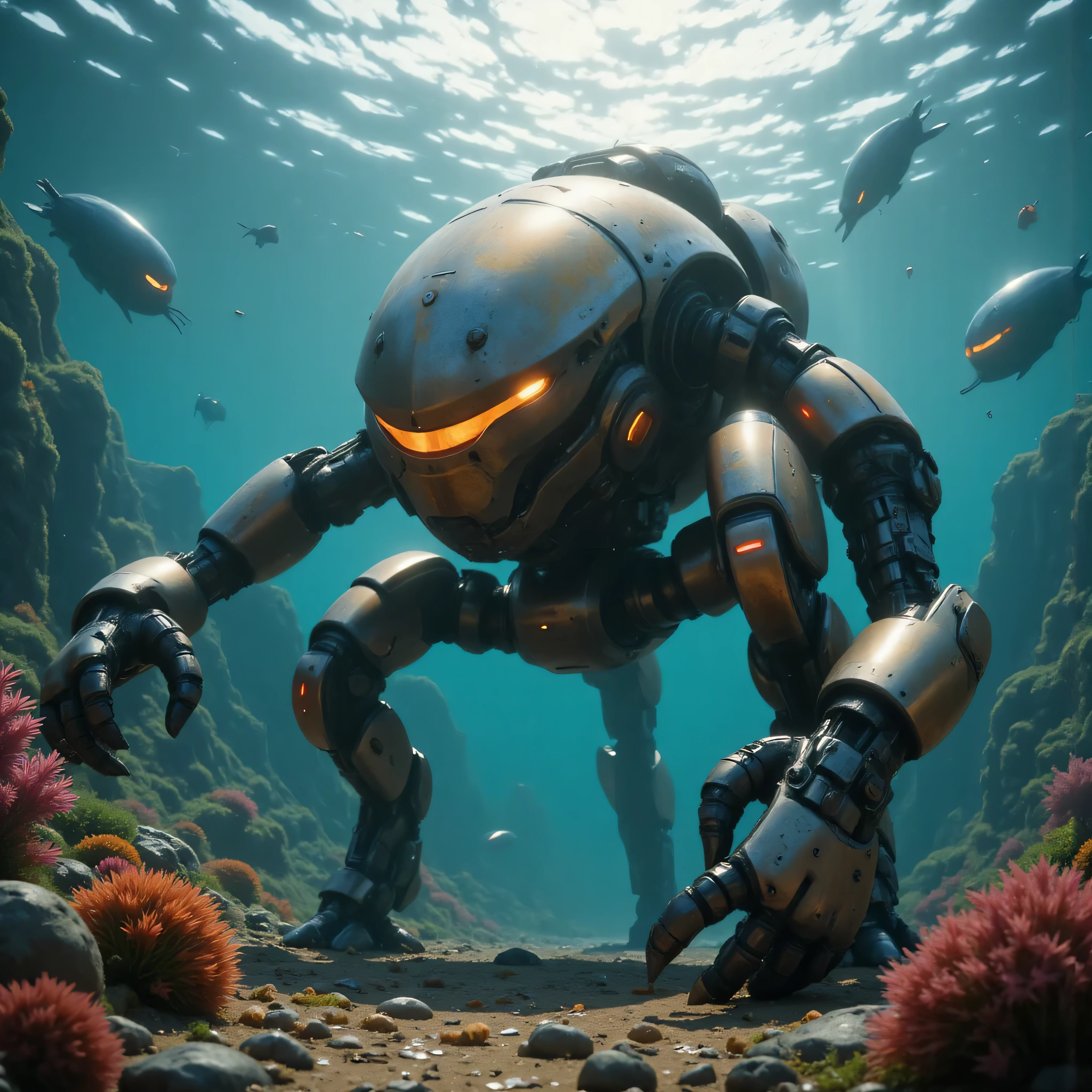 insane robot cleaning up trash in the ocean, high-detailed robot, high-detailed ocean, high-detailed trash, rusting robot, underwater scene, sea creatures, kelp forest, sunlight filtering through water, volumetric lighting, ultra high-detailed, intricate, ultra-realistic, ultra professional photorealistic, 32k, cinematic, moody lighting, warm color palette, dramatic composition, a robot cleaning up trash in the ocean, octopus-like mechanical arms, intricate mechanical high-details, ocean waves, sunlight reflecting off the water, pollution debris floating in the water, vibrant colors, cinematic lighting, dramatic composition, award-winning digital art, a robot cleaning up trash in the ocean, dramatic composition, beautiful ocean scenery, sunlight reflecting on water, vivid dslr vibrant colorful plastic debris, robotic arm efficiently collecting waste, sleek and advanced robot design, complex machinery, turquoise beautiful blue and green tones lazuli indigo ruby scarlet sundrop, sense of environmental preservation, top-masterpiece, ultra-realistic, ultra high-resolution, best high-shadow, (ultra high-quality,ultra highdef,XT3,ultra highres),ultra high-details, ultra sharp-focus,varies,multi,etc. --v 6.1 --s 1000 --c 20 --q 500 --chaos 100