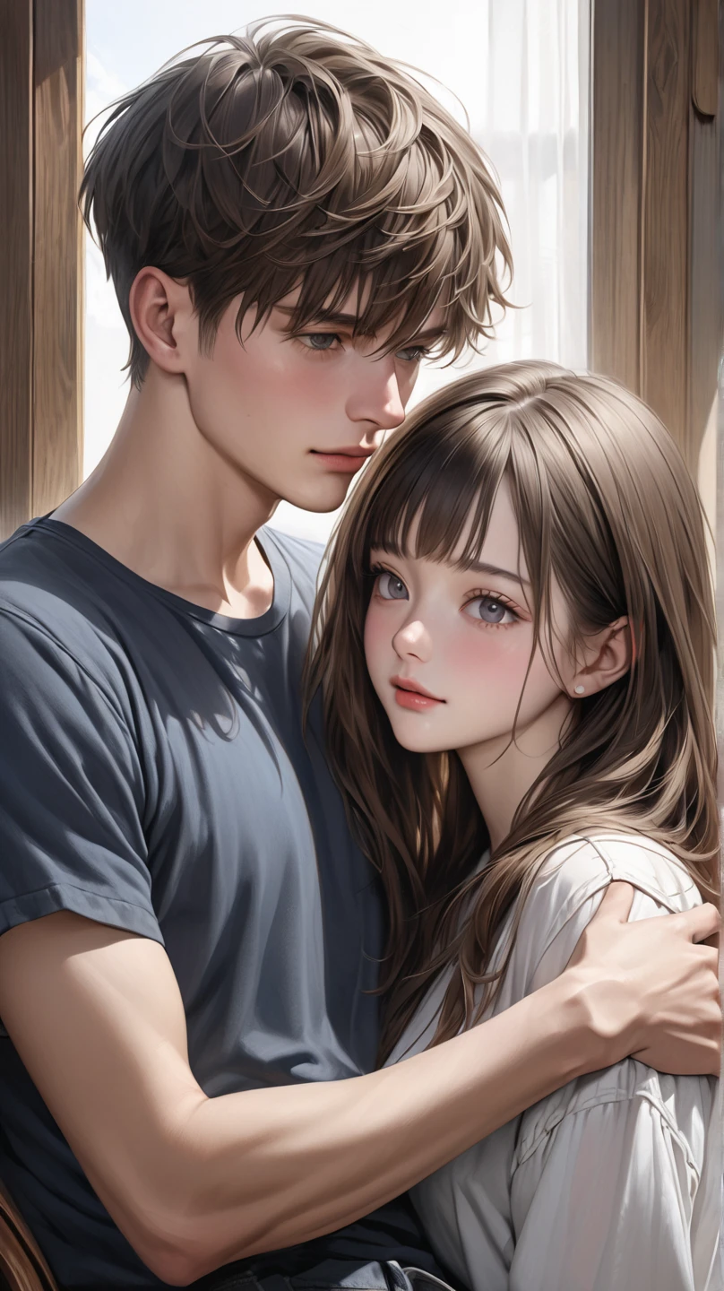 A couple，Boy crying in girl's arms，The girl comforted