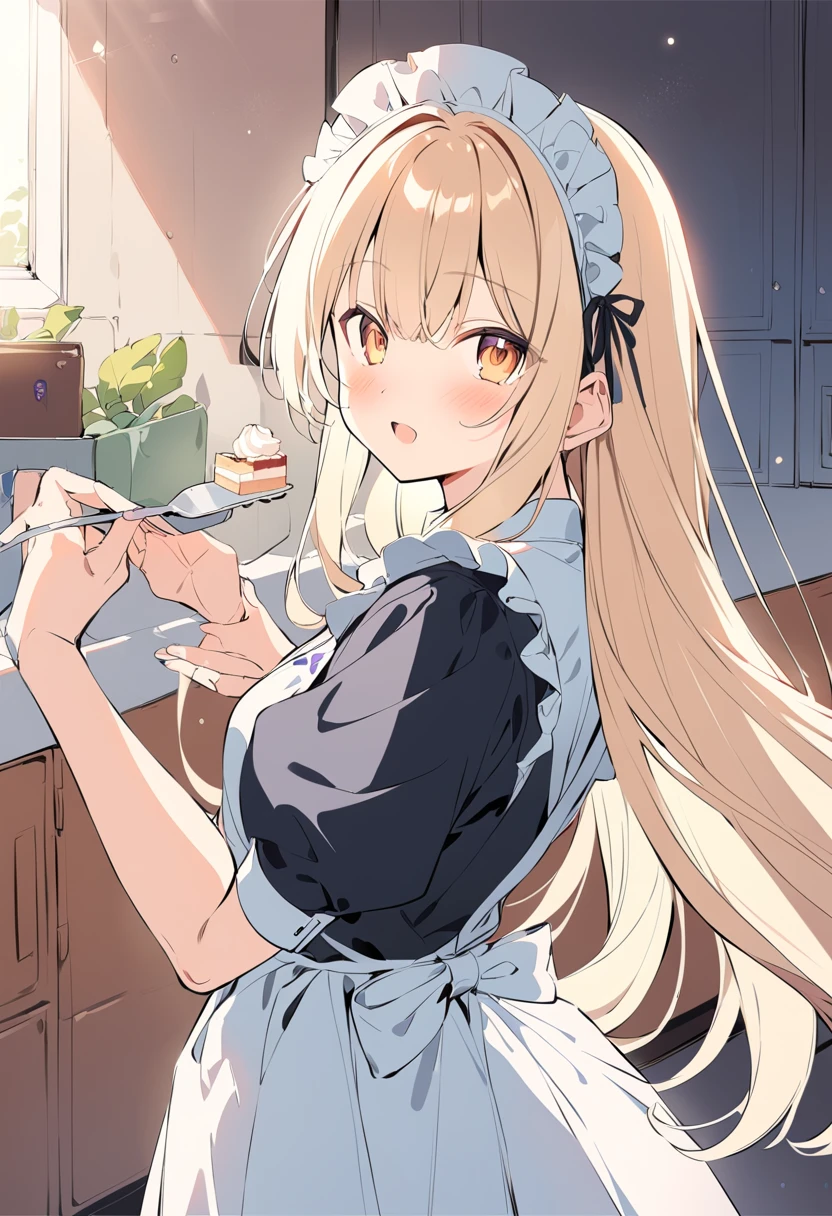 1girl,(sho \(sho lwlw\):0.7),(shiina mahiru:0.5),(sincos:0.3),solo,
masterpiece, best quality, newest, absurdres, CG, anime, source anime, illustration,
maid, maid headdress,medium breasts,
feeding,food, open mouth, incoming food, looking at viewer , cake, plate ,holding fork,
from side, fisheye lens, looking back, yellow eyes,blonde hair,long hair,open mouth, 