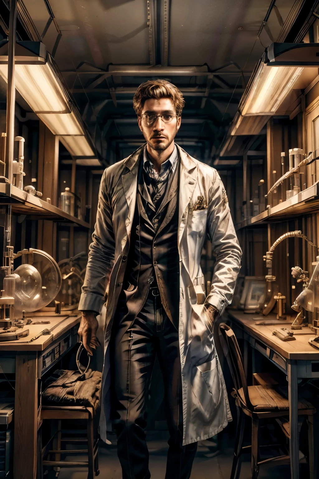 ((best quality)), ((masterpiece)), (detailed), perfect face,a scientist working on a time machine, detailed portrait of a scientist in a lab, wearing a white lab coat, holding futuristic time machine device, intricate gears and displays, complex scientific equipment, dramatic lighting, cinematic composition, photorealistic, 8k, award winning digital art