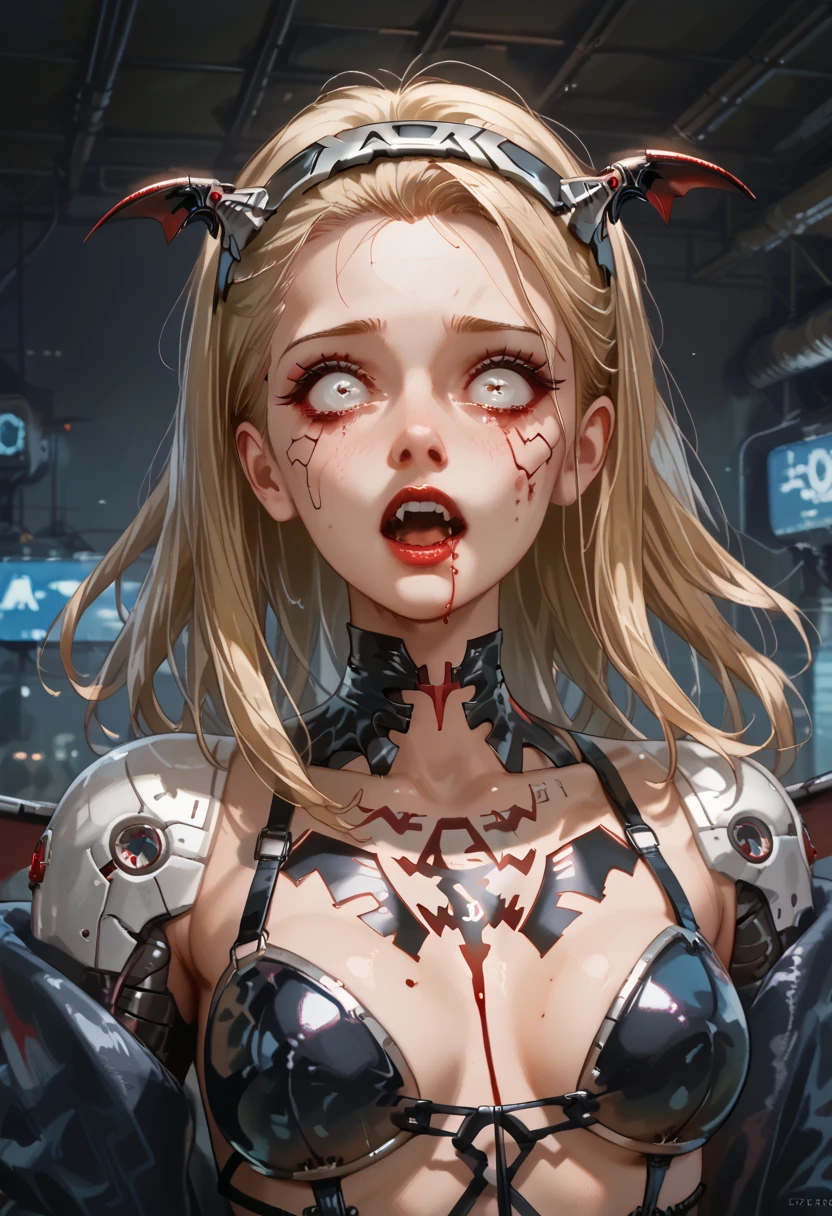  American plane,  blonde vampire girl ((detallada)),  scared , white eyes, Has a headband,  futuristic armor ,  vampire cyberpunk , corset armor ,  dystopic future , Vampire wings ,  blood on her face, lost look ,  dark cyberpunk background ,  lighting light dark, mysterious.