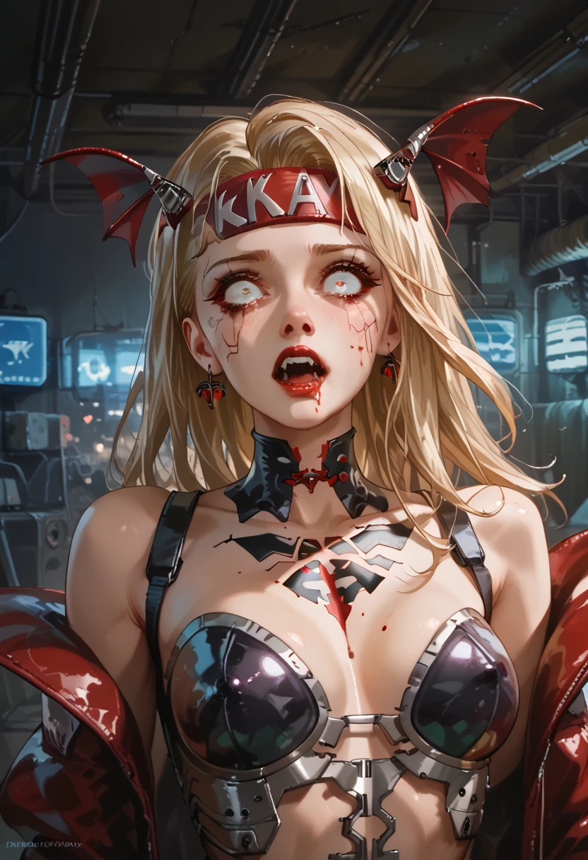  American plane,  blonde vampire girl ((detallada)),  scared , white eyes, Has a headband,  futuristic armor ,  vampire cyberpunk , corset armor ,  dystopic future , Vampire wings ,  blood on her face, lost look ,  dark cyberpunk background ,  lighting light dark, mysterious.