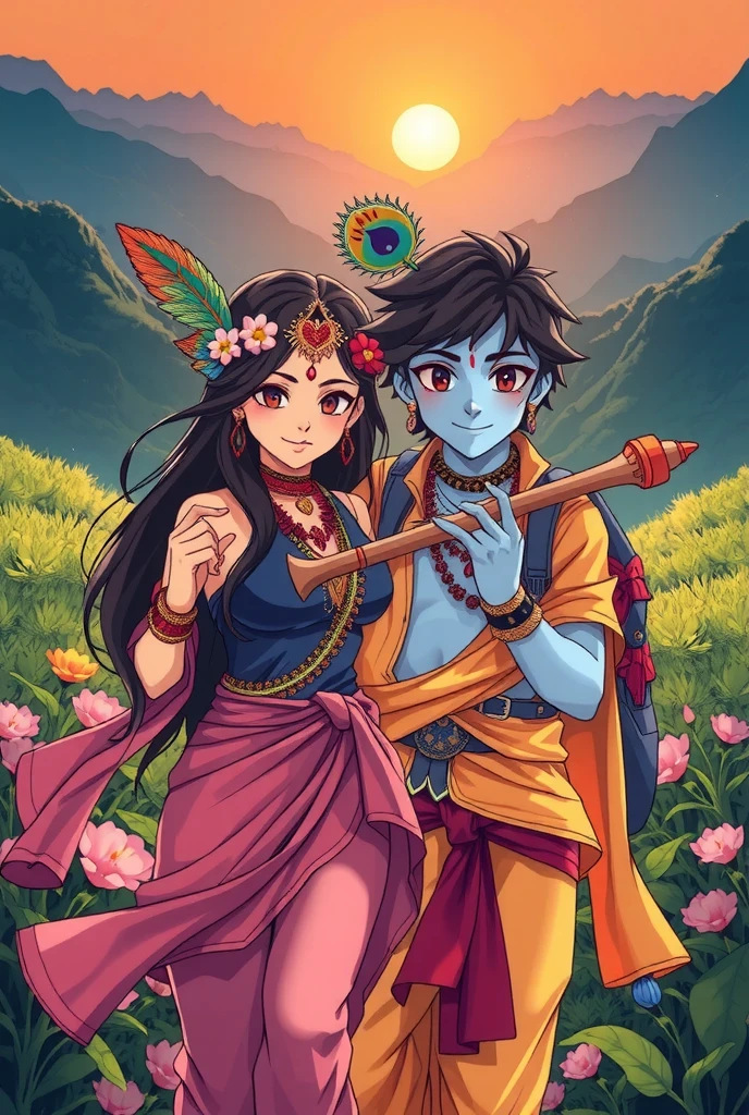 A anime inspired modern depiction of Radha and Krishna hiking in the lush green hills of Nepal, with a majestic backdrop of towering mountains and a warm, glowing setting sun. Radha, with golden-white glowing skin, is dressed in a modern hiking outfit with a primary color of blue and secondary color of pink, adorned with a small ornate crown, flowers in her dark hair, and a red tilak on her forehead. Krishna, with radiant blue skin, carries his iconic flute and wears a hiking outfit with a primary color of yellow and secondary color of red, accented with a peacock feather and a white tilak on his forehead. Both radiate a divine aura, blending tradition with contemporary style, as they ascend the serene trails, surrounded by vibrant greenery.
