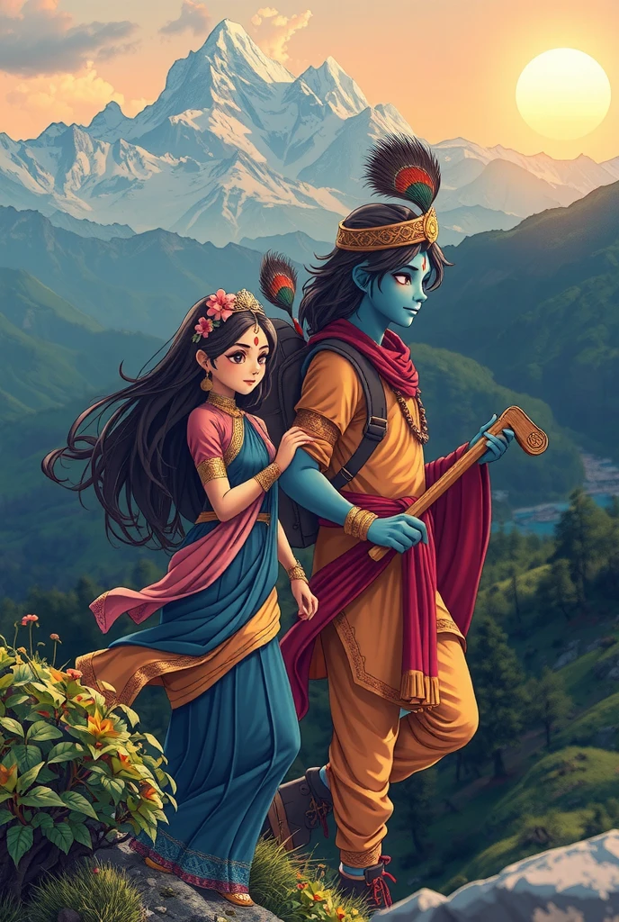 A anime inspired modern depiction of Radha and Krishna hiking in the lush green hills of Nepal, with a majestic backdrop of towering mountains and a warm, glowing setting sun. Radha, with golden-white glowing skin, is dressed in a modern hiking outfit with a primary color of blue and secondary color of pink, adorned with a small ornate crown, flowers in her dark hair, and a red tilak on her forehead. Krishna, with radiant blue skin, carries his iconic flute and wears a hiking outfit with a primary color of yellow and secondary color of red, accented with a peacock feather and a white tilak on his forehead. Both radiate a divine aura, blending tradition with contemporary style, as they ascend the serene trails, surrounded by vibrant greenery.
