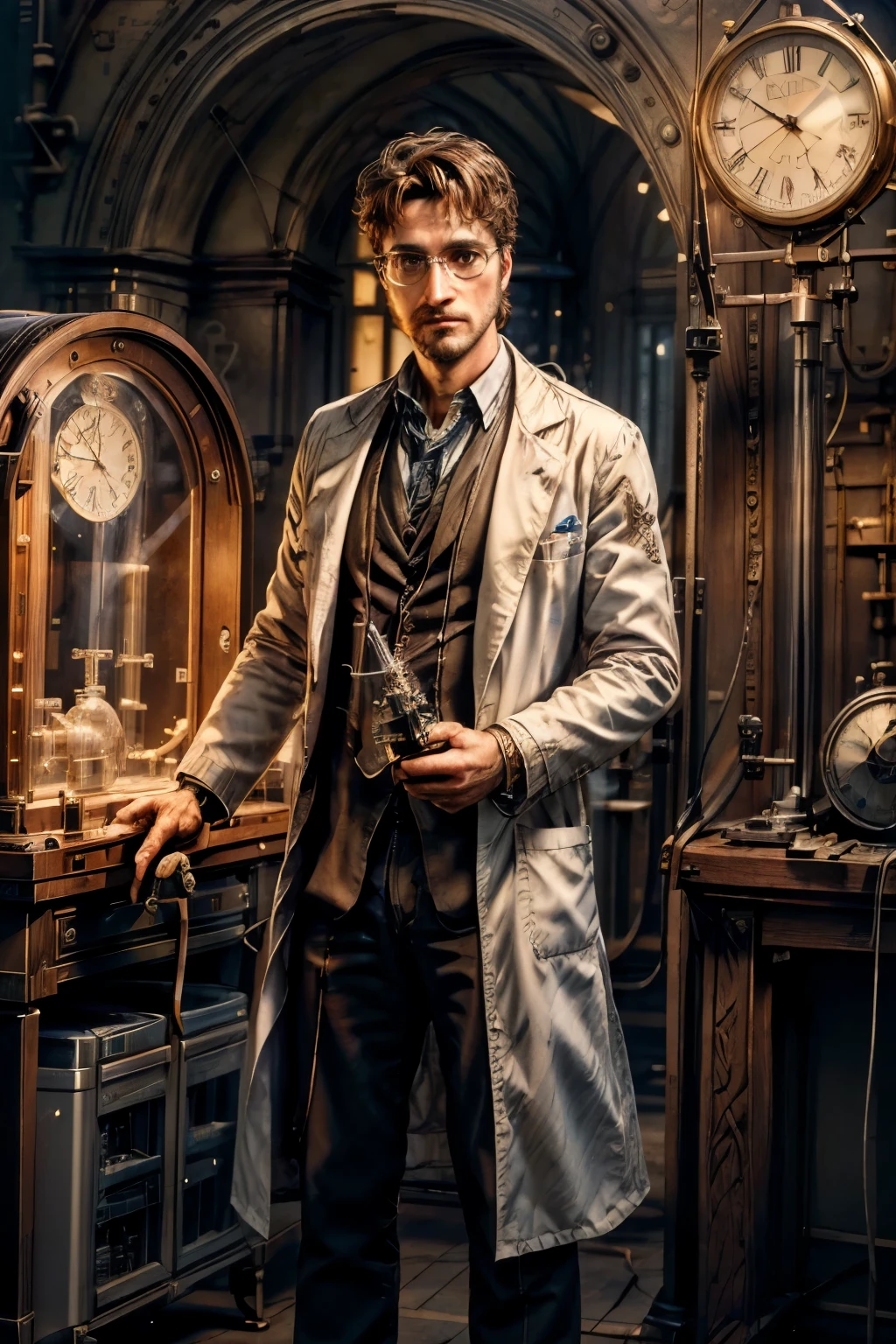 ((best quality)), ((masterpiece)), (detailed), perfect face,a scientist working on a time machine, detailed portrait of a scientist in a lab, wearing a white lab coat, holding futuristic time machine device, intricate gears and displays, complex scientific equipment, dramatic lighting, cinematic composition, photorealistic, 8k, award winning digital art