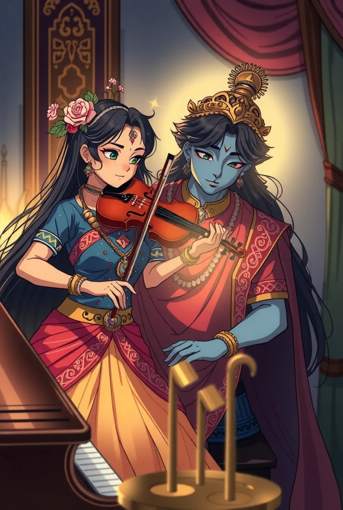 A anime inspired modern depiction of Radha and Krishna in practicing musical instruments together. Krishna with a piano, and radha on a violin.. Radha with her golden-white glowing skin, is wearing dress of primary color blue, secondary color pink, dark hair with a small ornate crown and flowers playing her violin beautifully and Krishna, with radiant blue skin, with iconic flute and peacock feature wearing dress of primary color yellow secondary color red, playying the paino looking at radha.. They are emanating a divine presence and aura.
