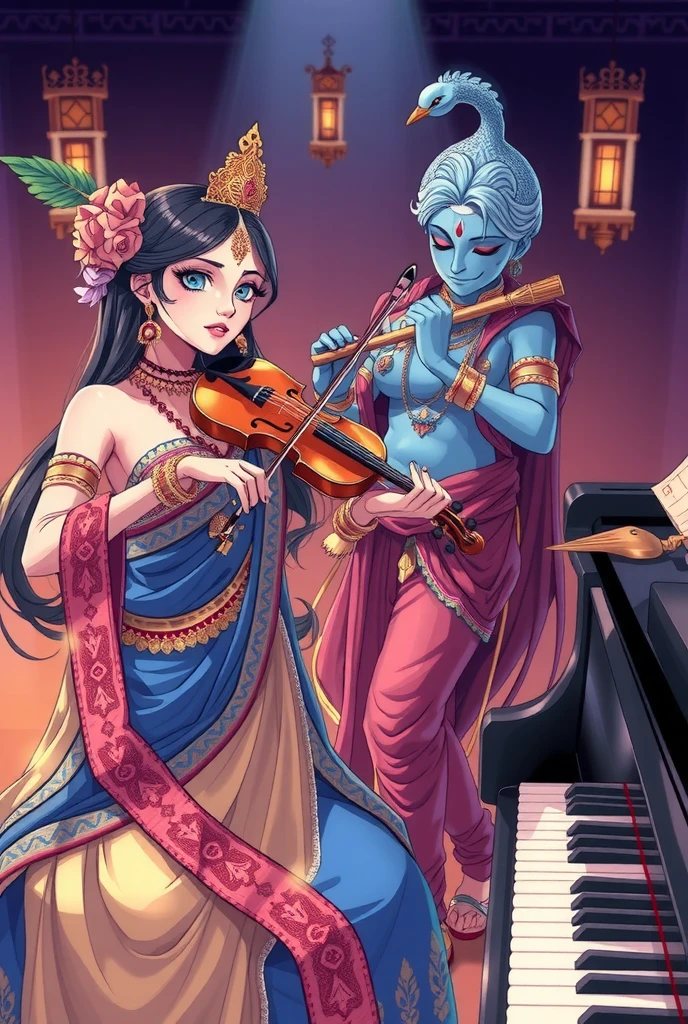 A anime inspired modern depiction of Radha and Krishna in practicing musical instruments together. Krishna with a piano, and radha on a violin.. Radha with her golden-white glowing skin, is wearing dress of primary color blue, secondary color pink, dark hair with a small ornate crown and flowers playing her violin beautifully and Krishna, with radiant blue skin, with iconic flute and peacock feature wearing dress of primary color yellow secondary color red, playying the paino looking at radha.. They are emanating a divine presence and aura.
