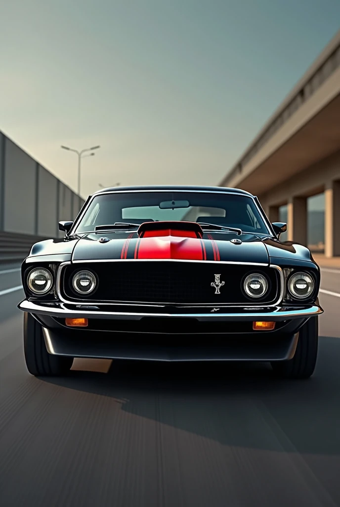 A highly realistic and ultra-detailed depiction of a 1969 Mustang GT in black with red accents. The car is shown in a professional profile frontal view, emphasizing its iconic design with sharp and precise lines, without any distortions. The image conveys a sense of fluidity and movement, as though the car is ready to surge forward. The background is subtly blurred to enhance the focus on the vehicle, and the lighting highlights the glossy black paint and vibrant red details for a dramatic and dynamic effect.