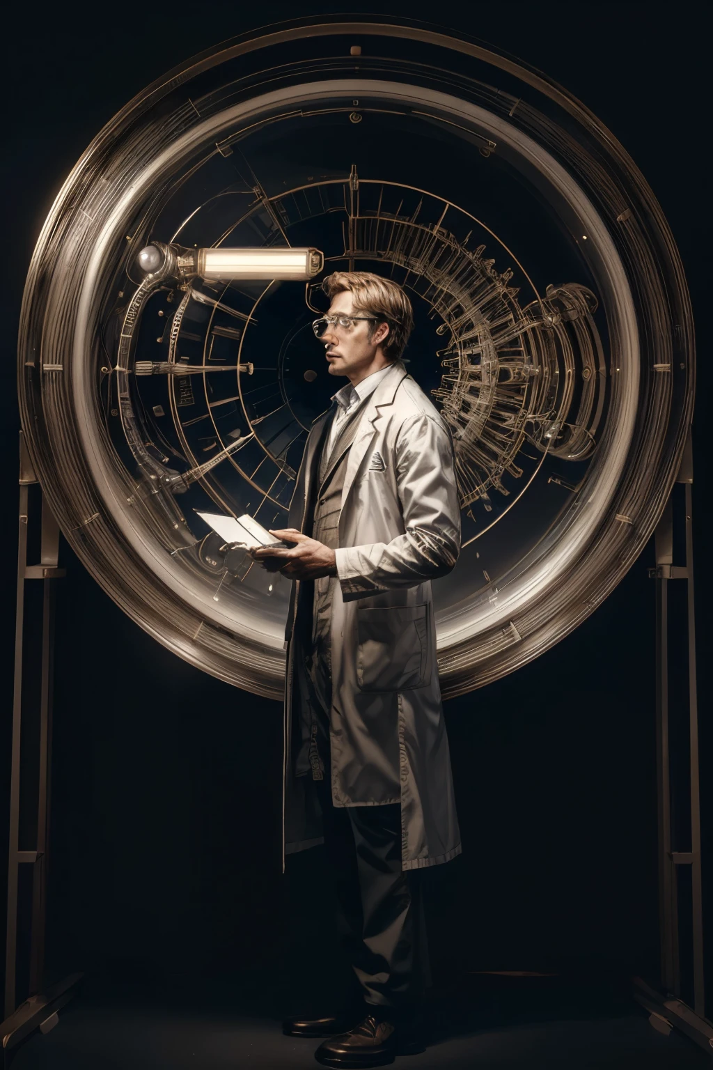 ((best quality)), ((masterpiece)), (detailed), perfect face,a scientist working on a time machine, detailed portrait of a scientist in a lab, wearing a white lab coat, holding futuristic time machine device, intricate gears and displays, complex scientific equipment, dramatic lighting, cinematic composition, photorealistic, 8k, award winning digital art