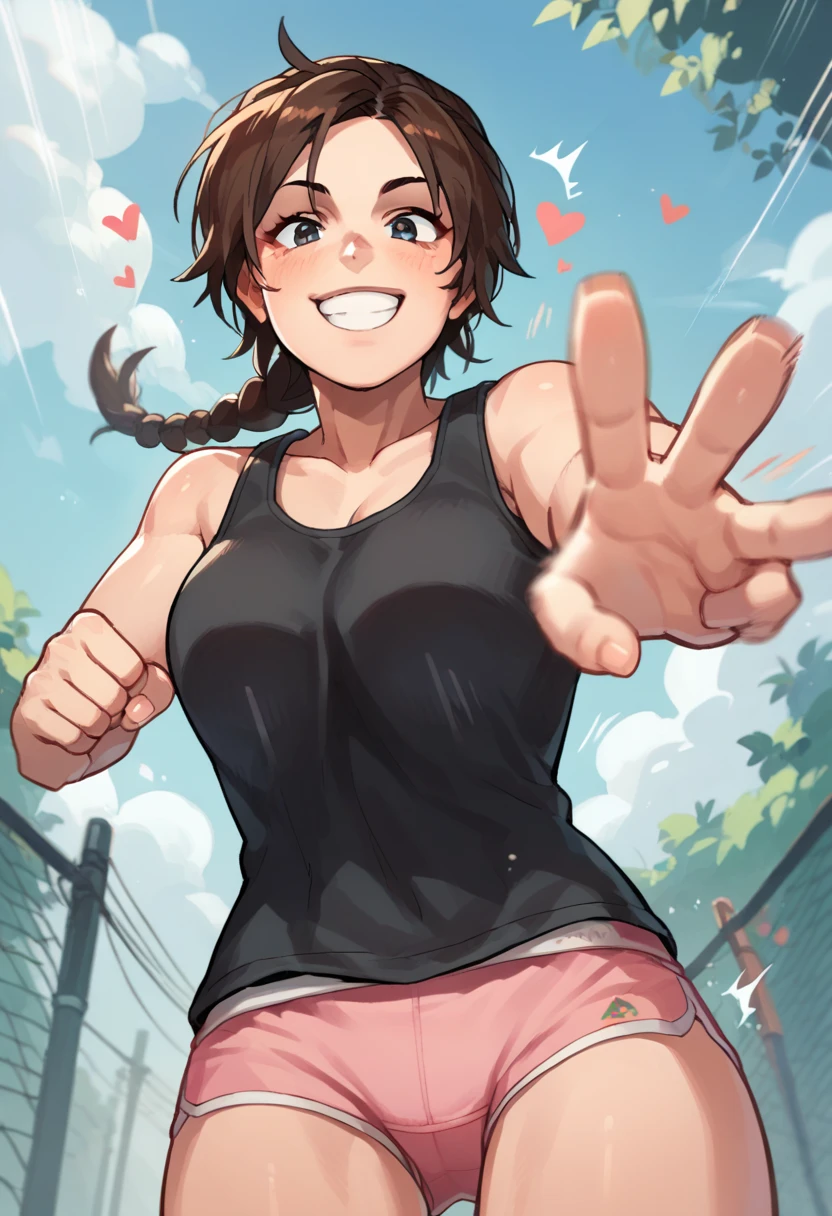 source_anime,Assessment_ questionable , Alone,   outdoor, to smile, happy, hearts, [low angle,1 , Lara Croft, black tank top shirt and pink panties,  looking at the viewer, Punches, Hand clenched ,  Motion Lines , motion blur