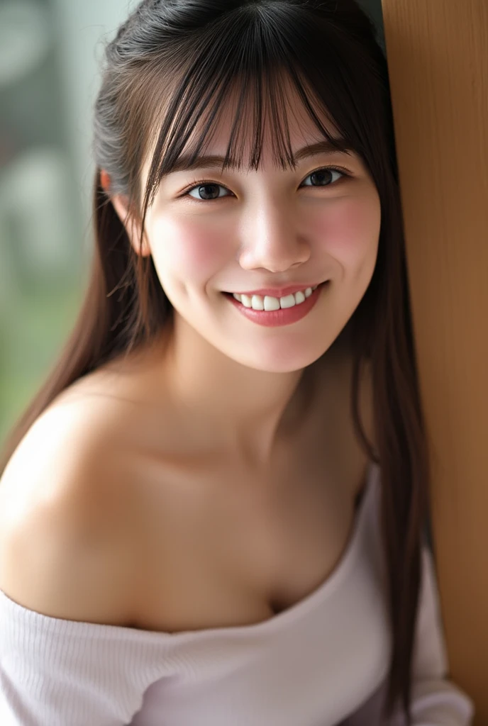 (((top-down configuration:1.4))), (best quality:1.4), (ultra highres:1.2), (photorealistic:1.4), (16k, RAW photo:1.2), (portrait shot:1.3), professional lighting, Japanese goddess, gravure, detailed face and skin texture, detailed eyes, looking at camera, nsfw, beautiful eyes, detailed eyes, beautiful face, detailed face, ((smile:1.5)), (highest quality), glowing skin, (smooth lighting:1.2), (cinema lighting:1.2), (brown hair), (long hair), ((off shoulder:1.2)), (bare shoulder:1.2), (((emphasize cleavage:1.4))), (large breasts:1.3), (slender), slim, ((bare tights:1.2)), sitting down, (leaning forward), from slightly above