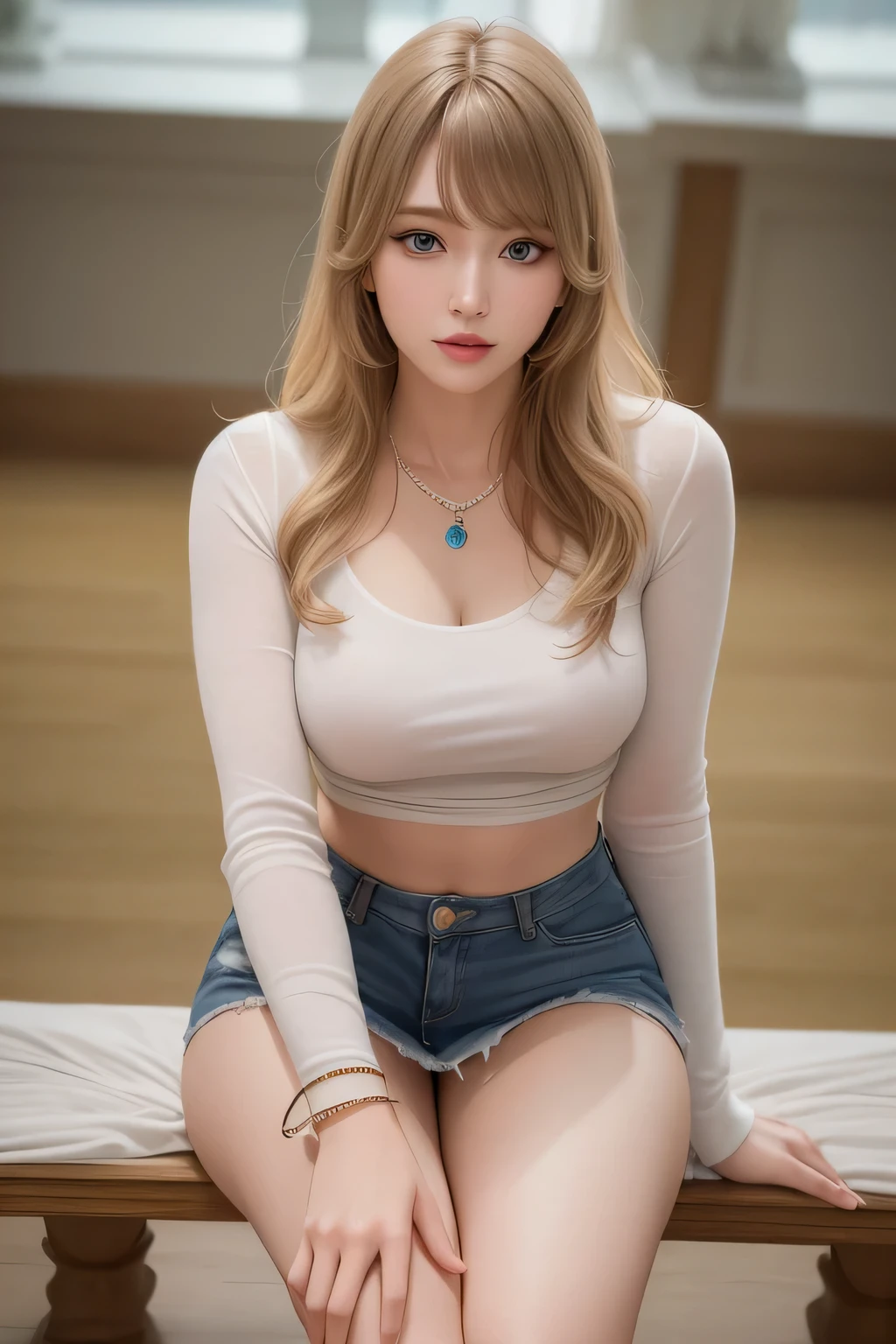 1girl in, (Blue eyes), Smiling, (In the name of Minaj), wide hips, cleavage of the breast、(Mesh costumes)、(a miniskirt)、(((Take off your panties)))、Big ass, (Best Quality, 8K, masutepiece: 1.3), Clear focus: 1.2, Perfect Body Beauty: 1.4, Slender Abs: 1.2, Highly detailed face and skin texture, Detailed eyes, Double eyelids, Red lips (Long Blonde Hair), (White T-shirt), (sneakers), Room of a girl in her 20s, teddy