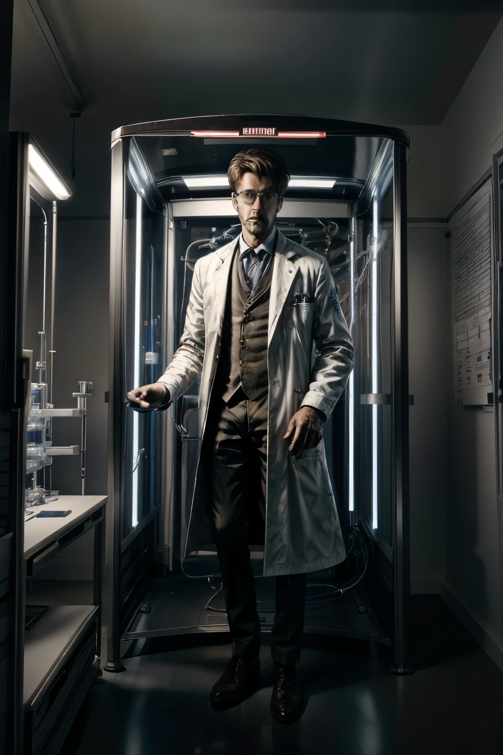 ((best quality)), ((masterpiece)), (detailed), perfect face,a scientist working on a time machine, detailed portrait of a scientist in a lab, wearing a white lab coat, holding futuristic time machine device, intricate gears and displays, complex scientific equipment, dramatic lighting, cinematic composition, photorealistic, 8k, award winning digital art