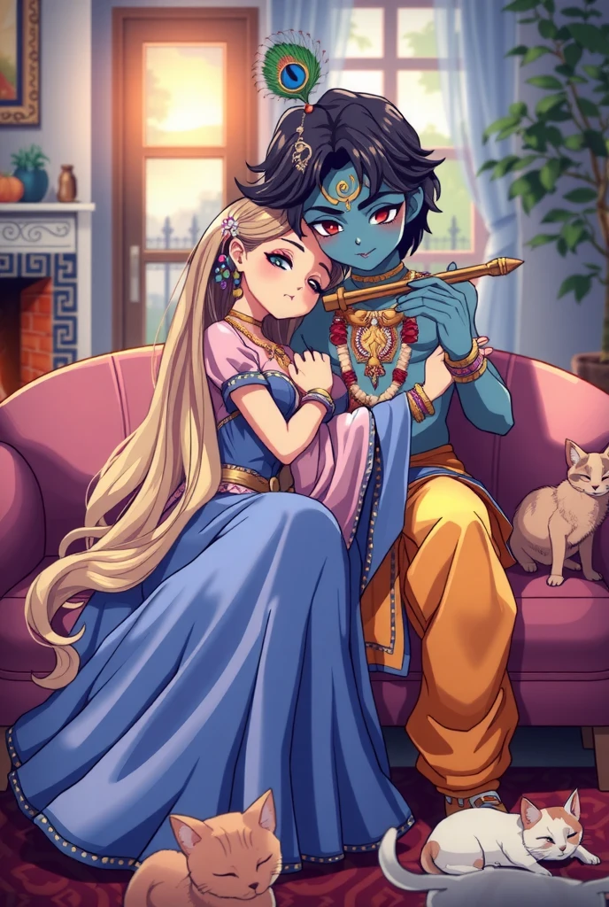 A modern depiction of Radha and Krishna as a cute anime couple where radha is curled up on the krishna's thighs in a sofa in their living room. . Radha with her golden-white glow, is wearing a elegant blue and pink colored night gown. Krishna, with radiant blue skin, with iconic flute and peacock feather wearing yellow pants and red shirt,. . They are emanating a divine presence and aura. The room is warm cozy with a fireplace burning in the side of the room and pets sleeping below the sofa.
