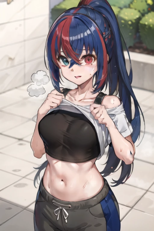 (8k uhd, masterpiece, best quality, high quality, absurdres, ultra-detailed), pepsi, solo, standing, lifted shirt, lifted by herself, ponytail, standing, steaming body, steam, breath, heavy breath, sweat, sweaty body, smile, blush, embarrased:1.2, medium breasts, cowboy shot, crossed bangs, collarbone, outdoor, park, sunlight, looking at viewer, heterochromia, tummy, navel, two-tone hair