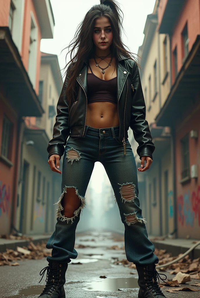 woman, (((from below))), busy city, foreshortening, (seductive pose), looking at viewer, mad, blackcutoffs, (eye contact), african, photorealistic, masterpiece, realistic, high contrast, hyper detailed, best quality, ultra high res, photorealistic, high resolution, detailed, raw photo,
