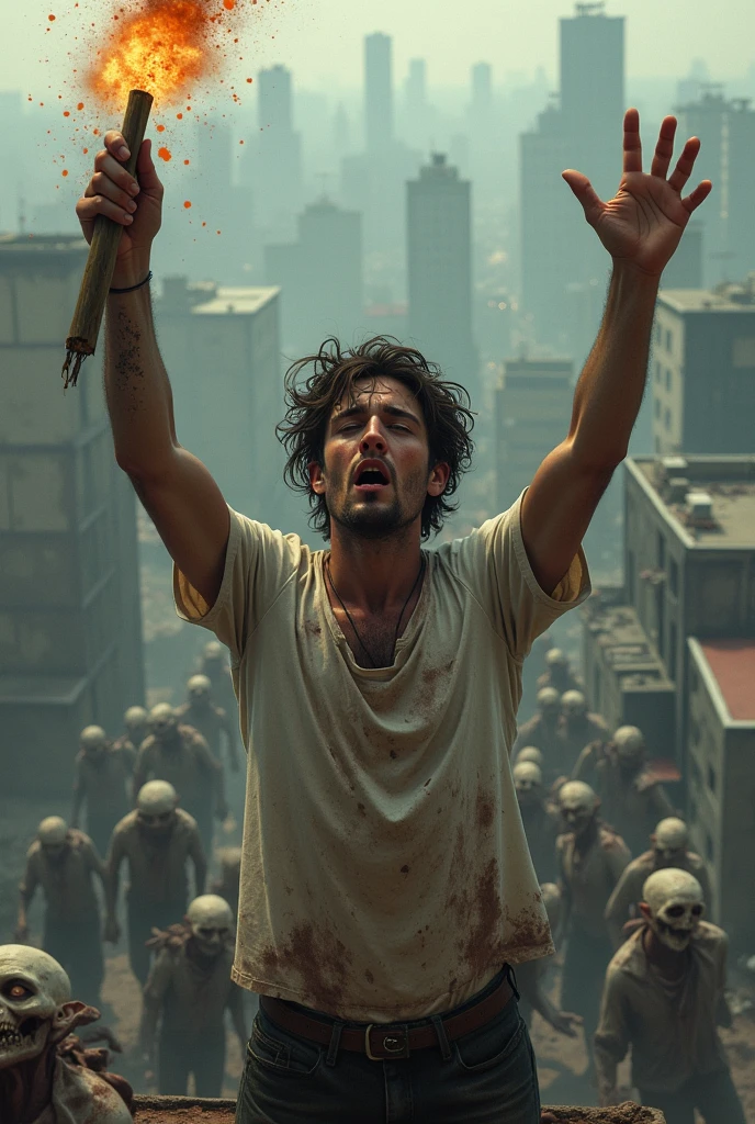 A boy is walking forwasrd smoking a cigarette , his hairs are spread on half side of his face , wearig torn clothes filled with blood and in back ground a big explosion can be seeing.