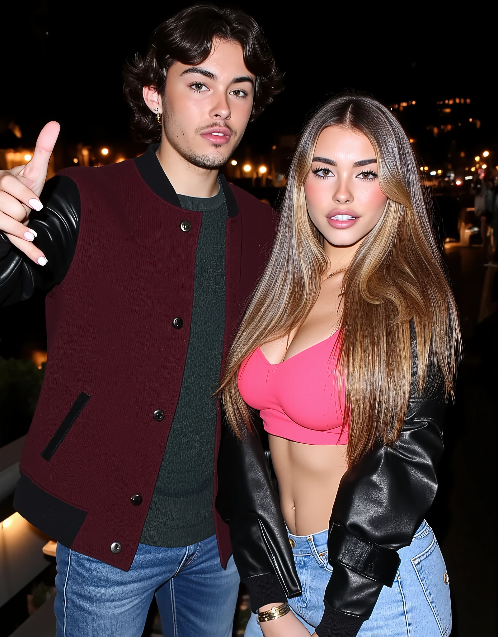 full body photo from the distance, 2 people photo shooting looking at viewer, laughing, friends having fun, being goofy, hot, 1 thin good looking rockstar American male 25 years old with medium length curled black hair with dark red wool college jacket and black leather sleeves, with dark green sweater and blue jeans, small pink plectrum necklace, gorgeous woman with long blonde hair, looking at viewer seductively smiling, Zurich at night background, tight pink latex crop top, black leather jacket, short jeans pants, high heels, sexual, jewelry, big gold hoop earrings, parted lips, midriff, pants, necklace, bracelet, lips, realistic, midriff peek, professional Photography, Photorealistic, detailed eyes, RAW, analog, sharp focus, 8k, HD, DSLR, high quality, Fujifilm XT3, film grain, award winning, masterpiece,