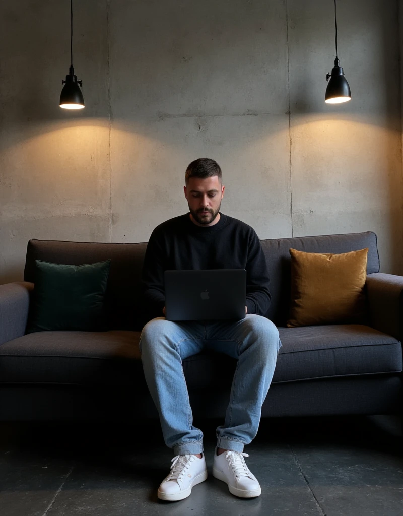 high-resolution photograph of a modern and moody interior setting featuring a man. light skin tone. He has short hair and a neatly trimmed beard and mustache. sitting comfortably on a deep gray couch. He wears an oversized black crewneck sweatshirt and light blue jeans, is focused on his MacBook pro laptop in Space Black color, giving a relaxed and casual posture. He wears clean white sneakers that contrast with the dark couch. The scene is warmly lit by hanging industrial-style pendant lamps. casting soft light and shadows on the textured concrete wall behind him. velvet cushions on the couch add a subtle pop of color, enhancing the cozy and productive atmosphere. The floor is dark concrete , and the space exudes a minimalist, contemporary vibe with an artistic edge. The image composition balances the subject and background, creating a serene and modern mood.