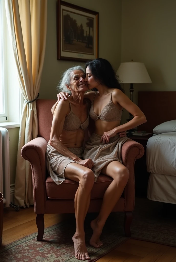 An elderly lady, 89 years old, who has black skin, she is fat and is wearing glasses. She is slapping an adult Caucasian woman's ass, who has long black hair, who is naked and has her body lying face down on the elderly lady's lap.