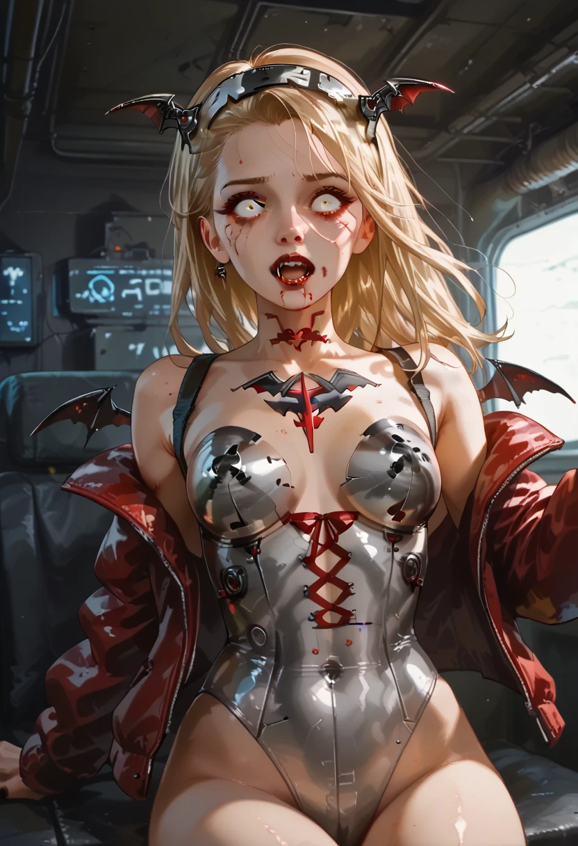  American plane,  blonde vampire girl ((detallada)),  scared , white eyes, Has a headband,  futuristic armor ,  vampire cyberpunk , corset armor ,  dystopic future , Vampire wings ,  blood on her face, lost look ,  dark cyberpunk background ,  lighting light dark, mysterious.