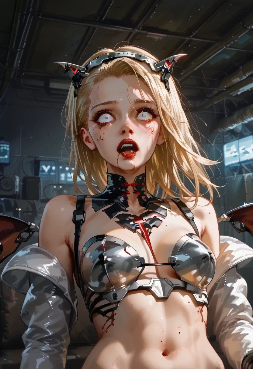  American plane,  blonde vampire girl ((detallada)),  scared , white eyes, Has a headband,  futuristic armor ,  vampire cyberpunk , corset armor ,  dystopic future , Vampire wings ,  blood on her face, lost look ,  dark cyberpunk background ,  lighting light dark, mysterious.