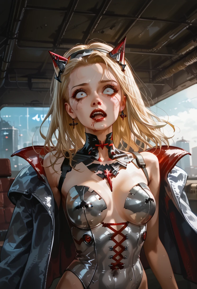  American plane,  blonde vampire girl ((detallada)),  scared , white eyes, Has a headband,  futuristic armor ,  vampire cyberpunk , corset armor ,  dystopic future , Vampire wings ,  blood on her face, lost look ,  dark cyberpunk background ,  lighting light dark, mysterious.