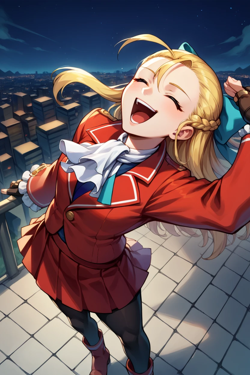 score_9, score_8_above, score_7_above, score_6_above, source_anime, BREAK 1girl ,  solo sfkarin , blonde,  pierce hair, Hair bow, white ascot, red coat,  long sleeves , red skirt, pleated skirt, pantyhose, fingerless gloves, laughing,  presumptuous,  closed eyes , Hand to mouth , standing, red boots, city, night sky, night,  pose of Miss ,  head thrown back