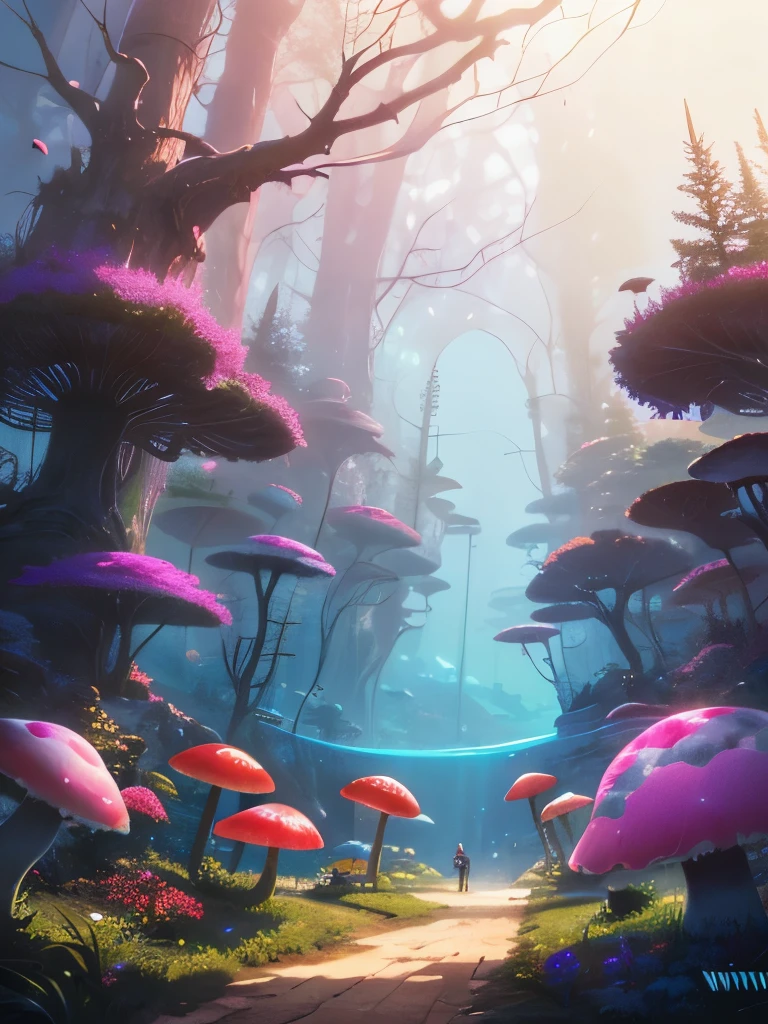 a close up of a painting of a forest with mushrooms, mushroom forest, mushroom city, underwater mushroom forest, highly detailed fantasy art, magical environment, slavic city. big mushrooms, magic mushrooms, by Mike "Beeple" Winkelmann, 🌺 cgsociety, fantasy matte painting，cute, fantasy art landscape, fantasy art behance