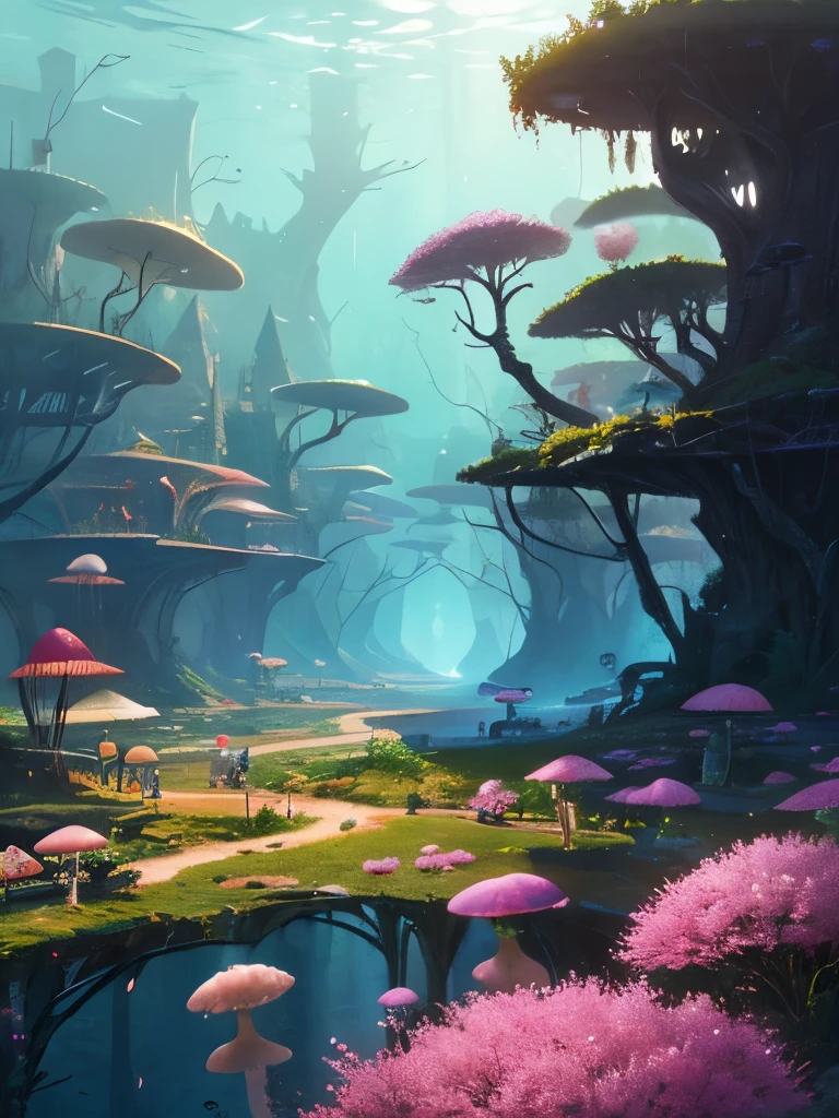 a close up of a painting of a forest with mushrooms, mushroom forest, mushroom city, underwater mushroom forest, highly detailed fantasy art, magical environment, slavic city. big mushrooms, magic mushrooms, by Mike "Beeple" Winkelmann, 🌺 cgsociety, fantasy matte painting，cute, fantasy art landscape, fantasy art behance