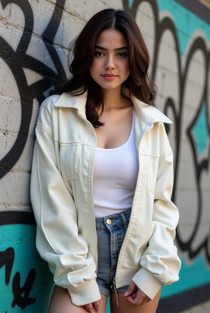    white sweatshirt jacket  , plano general,     full body wool sweater  , ((  Arafada woman leaning against a graffiti wall,  pose casually , leaning against wall, attractive pose,  tight outfit , 2 model fe  , leaning against wall, Very cool pose, pose sexy, cindy avelino, Shooting pose, modelo de instagram,   thin waist and wide hips  ,   Anna Nikonova aka Newmilky  , photo of a slim model  , chiaroscuro,  depth of field, GTA V   :1.5)), Style Ross Tran, realistic art style,  In the style of Ross Tran , Ross Tran.   Scenic background   ,     Beautiful digital artwork    , lois van rossdraws, realistic art style,    impressive digital illustration   , ross drawings 1   . 0,    impressive art style   ,    in the style of Guweiz       ,quality\(8K,   extremely detailed CG unit wallpaper  ,    High resolution, top-quality, top-quality real texture skin,    hyperrealistic,   increase resolution  ,  RAW Photos Box, best quality,    very detailed , The    ,    Golden Ratio   ,      high saturation realism     ,     vibrant colors    ,     'dramatic lighting'   ,     persuasive storytelling    ,     atmospheric scenery    , Captivating images,     intricate details    , strong emotions, dream world\).landscape, U   High Definition   , Retina,    masterpiece   , necessary,    white sweatshirt jacket  ,  old school,    super detail   ,  tall details,  high quality ,  Winner Award    , best quality, highres, 1080P,    High Definition   , 16K