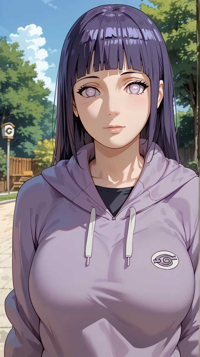 1girl, closeup, Hinata\(Boruto\), Long Hair, straight hair, bangs, Purple Hair, Blind Eyes, big breasts, Purple hoodie, tree background, photo shoot, best quality, high resolution, anime style, Looking at viewer, 