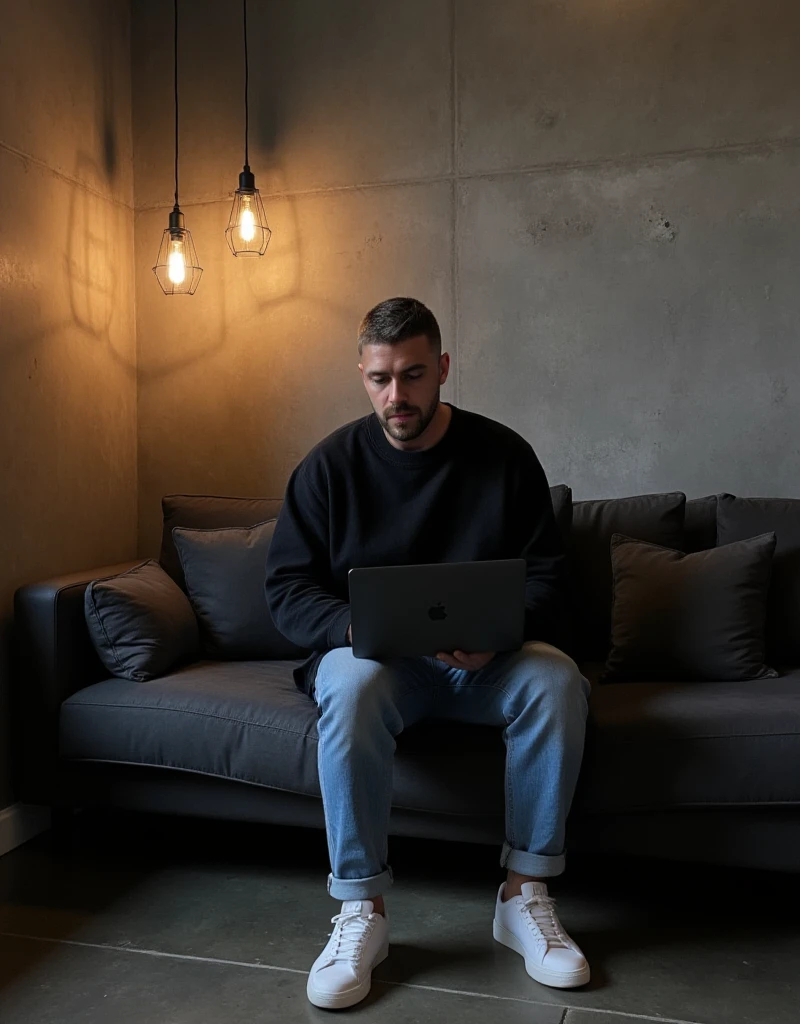 high-resolution photograph of a modern and moody interior setting featuring a man. light skin tone. He has short hair and a neatly trimmed beard and mustache. sitting comfortably on a deep gray couch. He wears an oversized black crewneck sweatshirt and light blue jeans, is focused on his MacBook pro laptop in Space Black color, giving a relaxed and casual posture. He wears clean white sneakers that contrast with the dark couch. The scene is warmly lit by hanging industrial-style pendant lamps. casting soft light and shadows on the textured concrete wall behind him. velvet cushions on the couch add a subtle pop of color, enhancing the cozy and productive atmosphere. The floor is dark concrete , and the space exudes a minimalist, contemporary vibe with an artistic edge. The image composition balances the subject and background, creating a serene and modern mood.