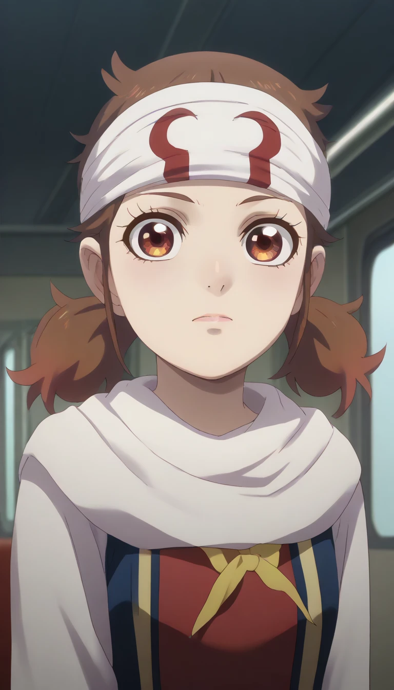  no emotions  masterpiece, super detail, high details, high quality, best quality, highres, 1080P, 8k, 16k  very accurate clothingscore_9, score_8_up, score_7_up, ((cowl)) ((headband on forehead)) detailed clothing beautiful girl  ((Shuumatsu Train Doko e Iku? | Nadeshiko Hoshi))