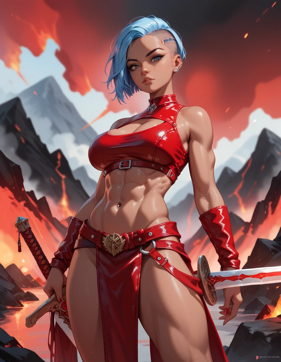 only 1 person, teenage, 18-yr old muscular women, six pack, big breast, thick, tan skin, blue undercut hair, red leather crop top, red loin cloth, red boot, big long sword, volcano background