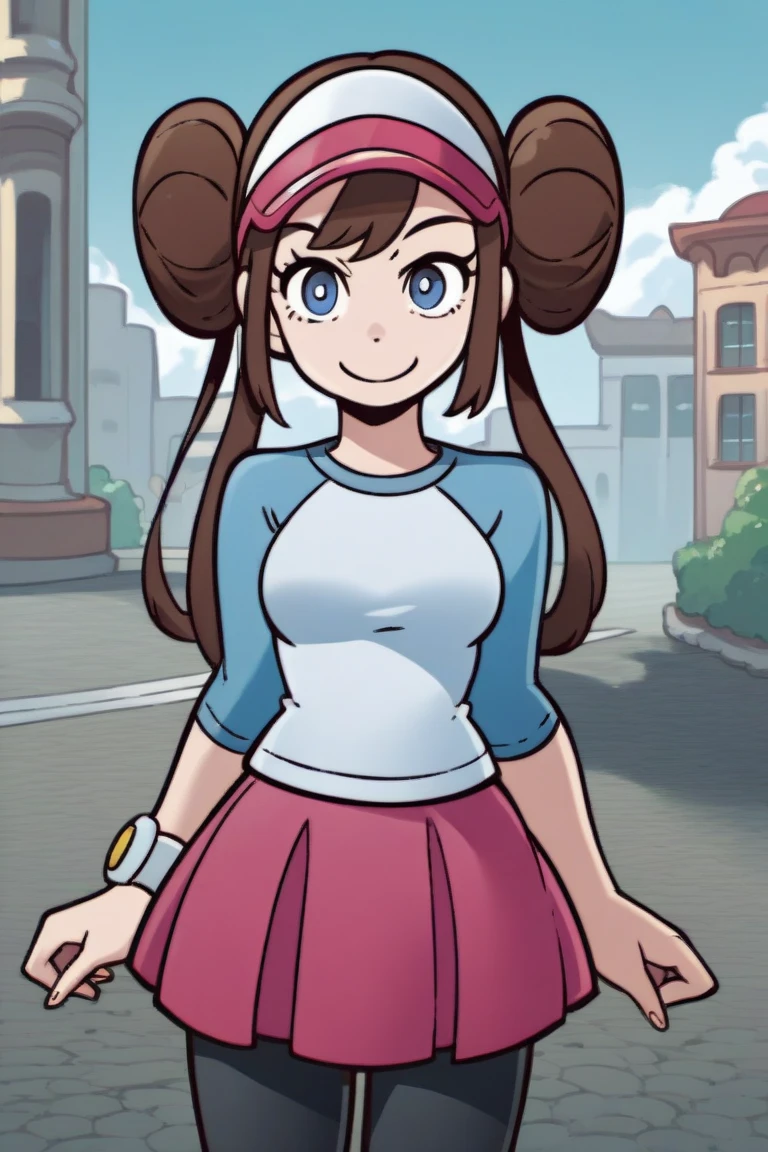 1girl, solo, romeisabwii, brown hair, hair bun, twintails, blue eyes, visor cap, pantyhose, raglan sleeves, pink skirt, blue shirt, pink bow, wristwatch, outdoors, city, standing, smile