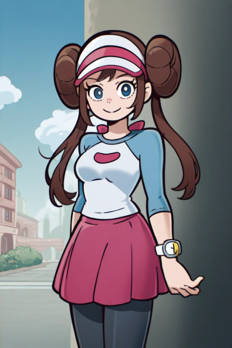 1girl, solo, romeisabwii, brown hair, hair bun, twintails, blue eyes, visor cap, pantyhose, raglan sleeves, pink skirt, blue shirt, pink bow, wristwatch, outdoors, city, standing, smile