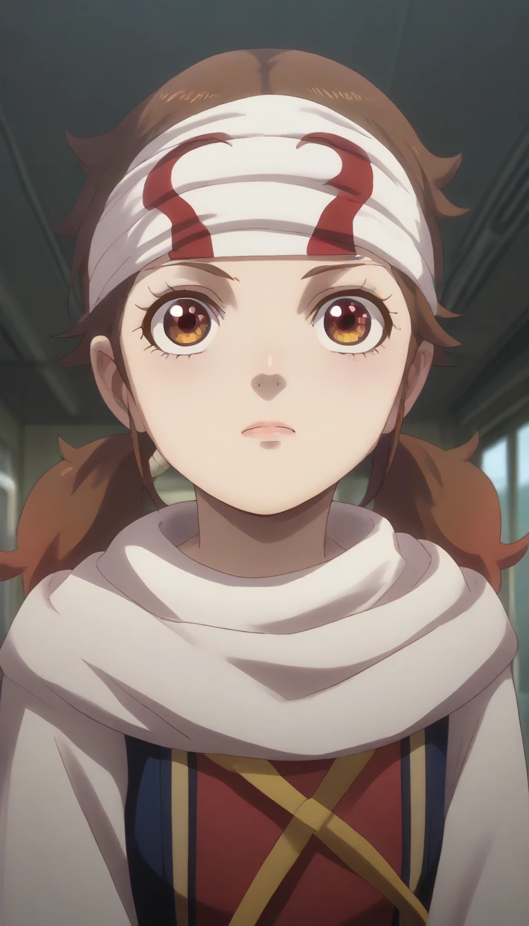  no emotions  masterpiece, super detail, high details, high quality, best quality, highres, 1080P, 8k, 16k  very accurate clothingscore_9, score_8_up, score_7_up, ((cowl)) ((headband on forehead)) detailed clothing beautiful girl  ((Shuumatsu Train Doko e Iku? | Nadeshiko Hoshi))