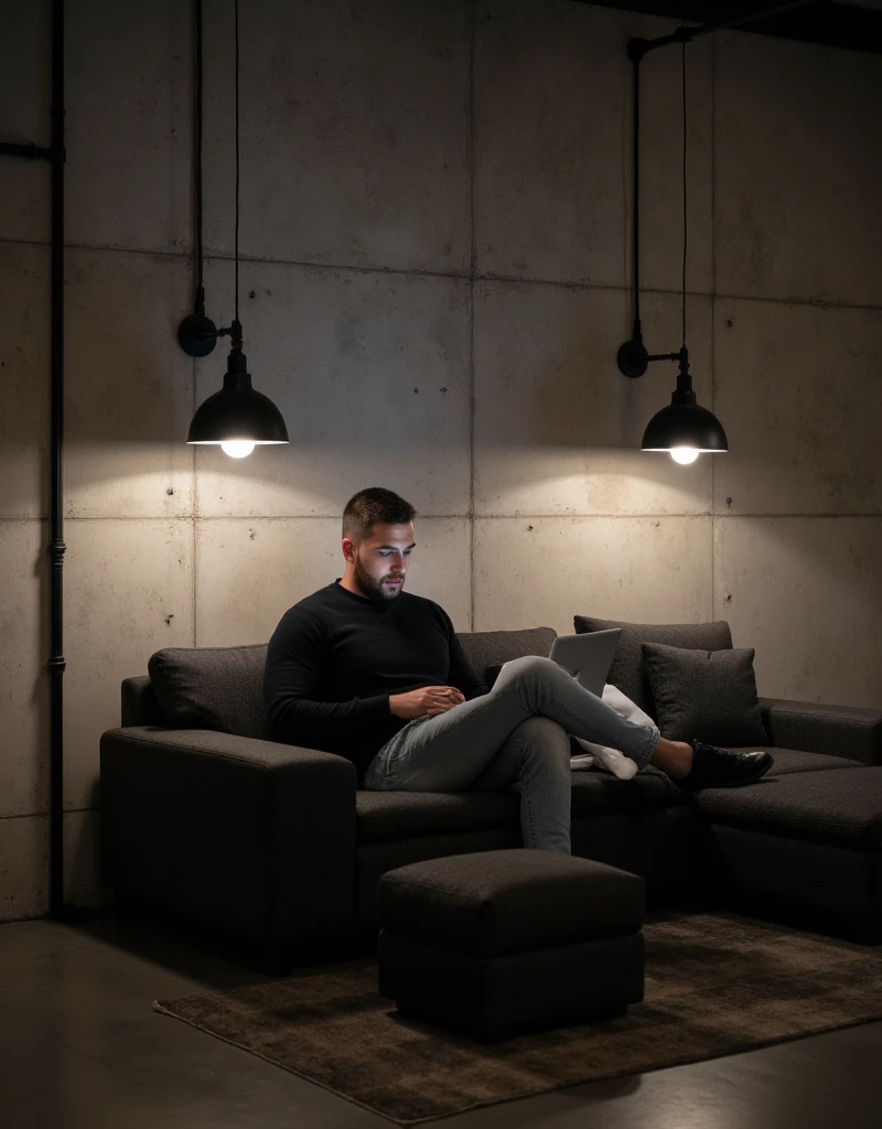 A stylish, industrial-inspired workspace featuring a man lounging on a dark gray modern couch with a sleek laptop. The scene is bathed in moody, warm light cast by two black hanging industrial lamps positioned symmetrically above him. The background consists of textured concrete walls, subtly illuminated with soft gradients of light and shadow. The subject, dressed in a black sweater and light-wash jeans, exudes focus and calmness as he works in this minimalist, modern interior.


Lighting: Soft, warm artificial lighting creating moody shadows and highlights.
Camera Angle: Medium-wide shot, slightly low perspective for balance and symmetry.
Mood: Calm, focused, and sophisticated.
Color Palette: Muted neutrals – grays, blacks, soft whites, and subtle browns.
Style Inspiration: Industrial interior design with Scandinavian minimalism.
Depth of Field: Moderate (sharp focus on subject and surrounding furniture, slightly blurred background texture).