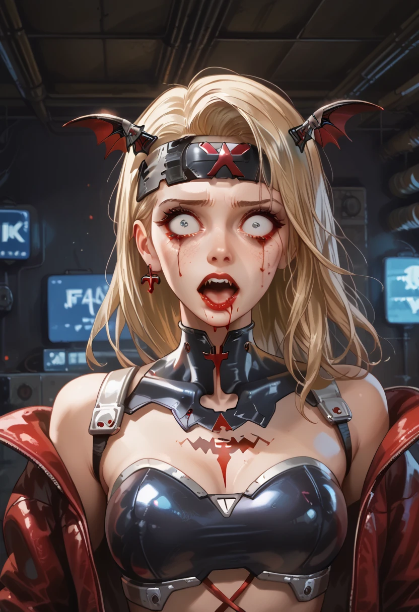  American plane,  blonde vampire girl ((detallada)),  scared , Ojos rojos (detailed), Has a headband,  futuristic armor ,  vampire cyberpunk , corset armor ,  dystopic future , Vampire wings ,  blood on her face, lost look ,  dark cyberpunk background ,  lighting light dark, mysterious.